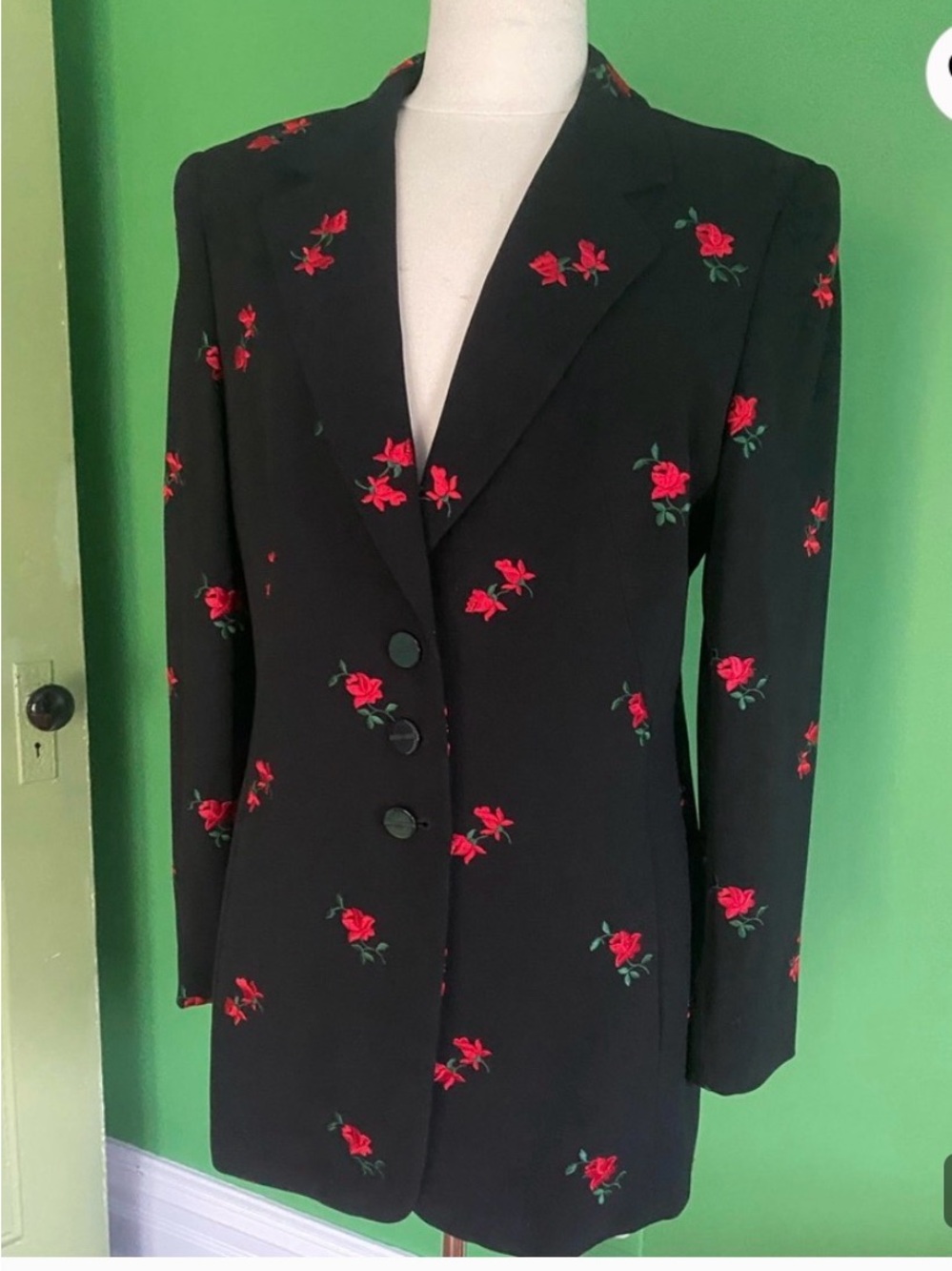 ESCADA Black Floral Roses  Embroidered Long Blazer Jacket - Women's 36